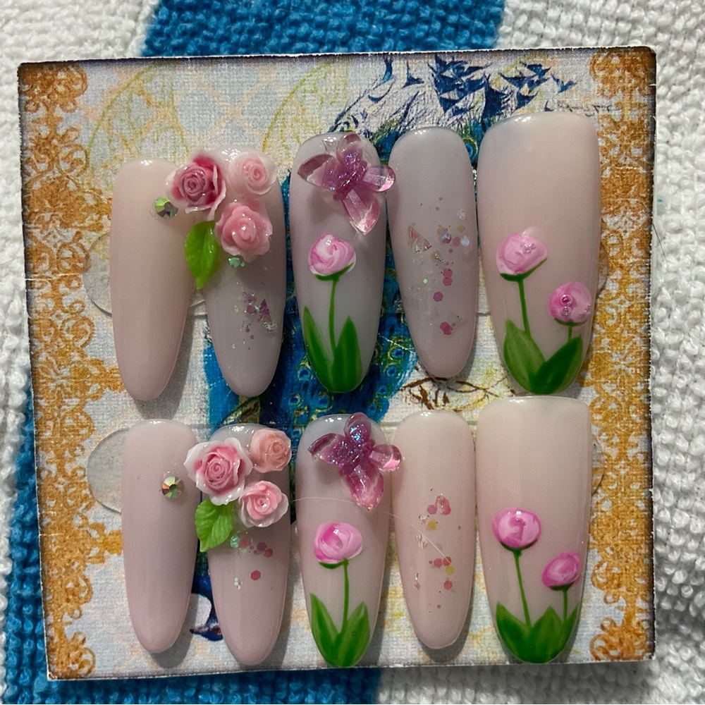 Pink Roses & Tulips Press-On Nails -Bridal Collection- Size Large #019